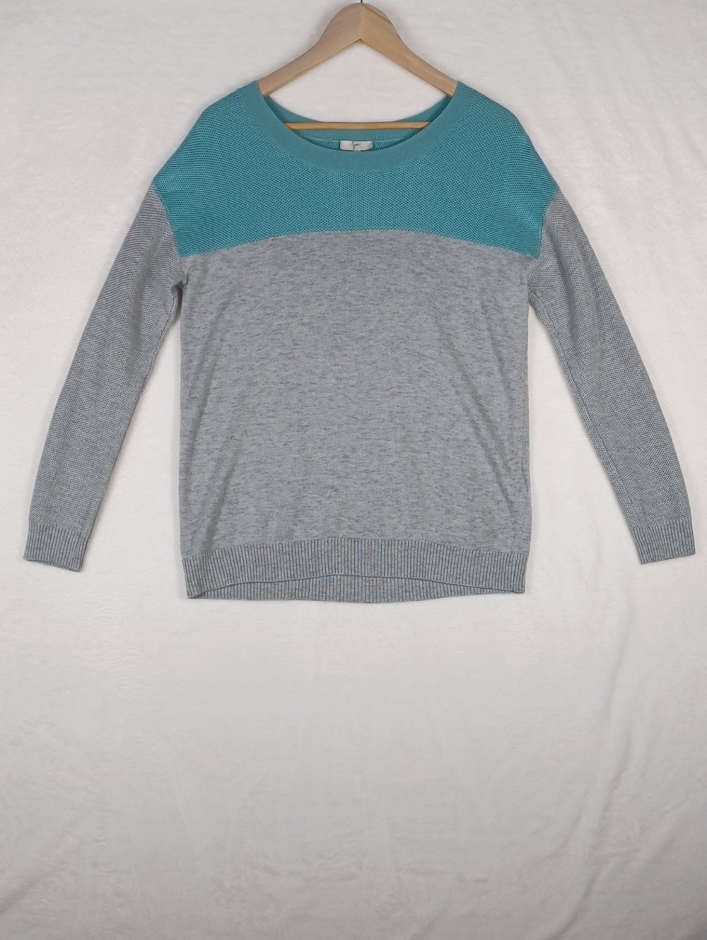 Joie Colorblock Soft Knit Long Sleeve Sweater Teal Turquoise Gray Size Small